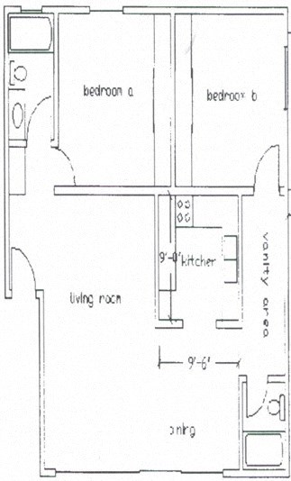 Floor plan for 2 beds, 2 baths, 970 sqft